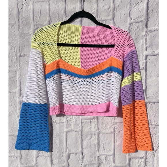 Neon Loose Crocheted Cropped Sweater Multi Color Bell Sleeve Square Neckline S - Picture 1 of 6